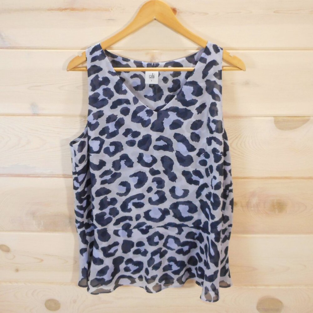 CAbi Womens Size L Blouse Sleeveless V-Neck Peplum Top Leopard Print Style #5536